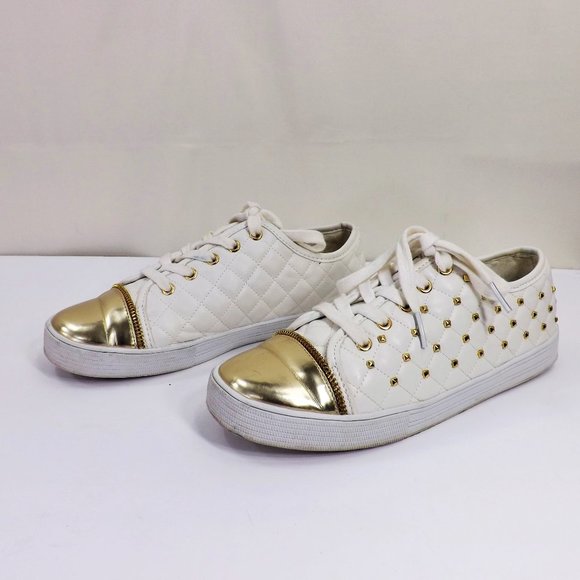 MICHAEL Michael Kors Melbourne Quilted Vegan Leather w Gold Bling Tennis Shoes 5 - Picture 2 of 12